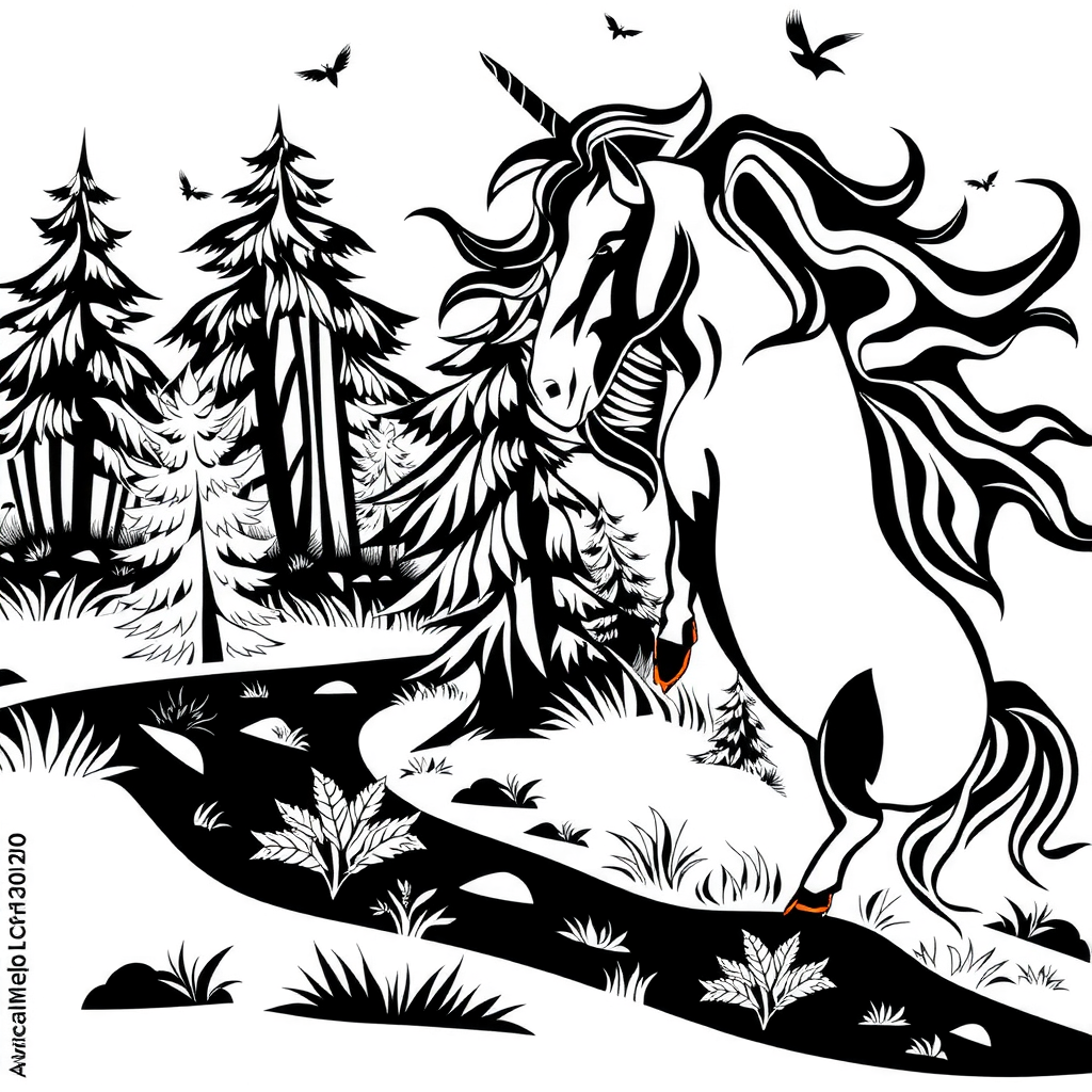 Coloring card: unicorn run in forest