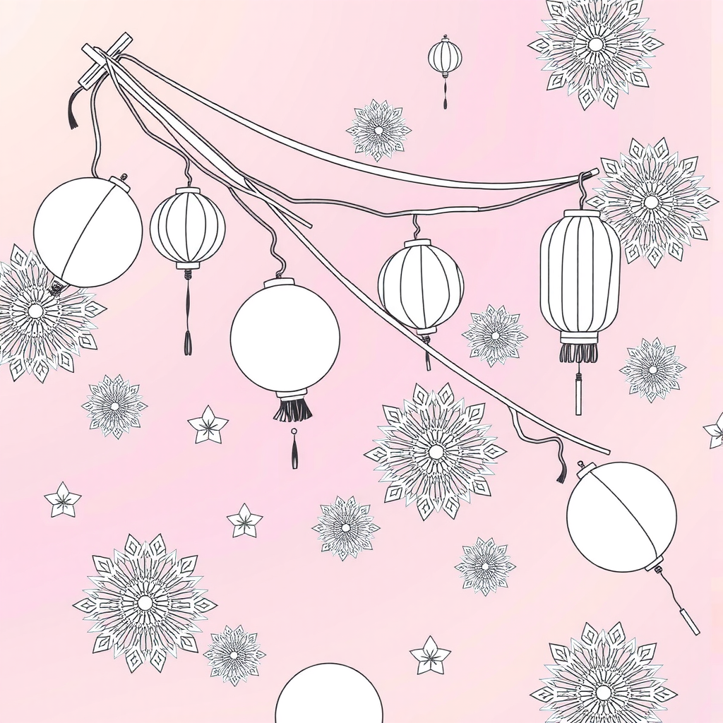 Coloring card: New Year, Lanterns, Fuwa, Firecrackers