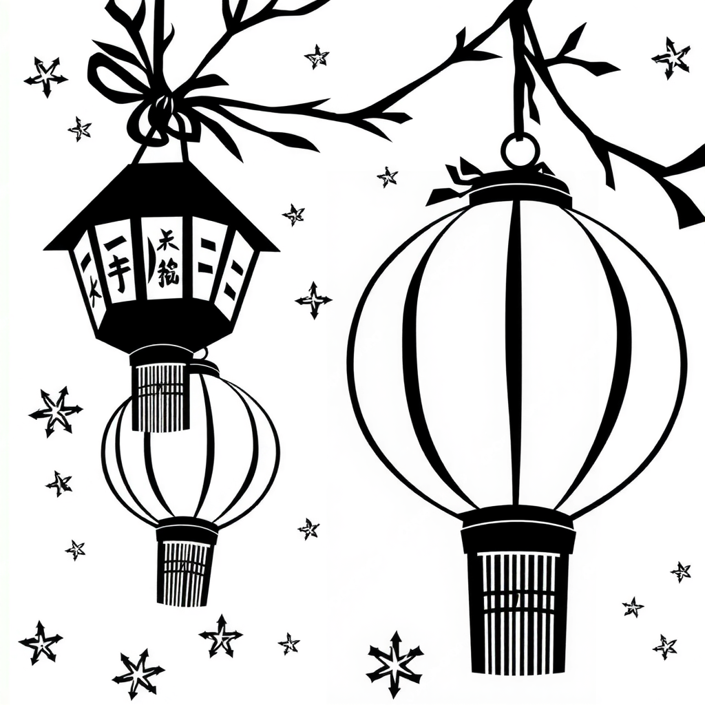 Coloring card: New Year, Lanterns, Fuwa, Firecrackers